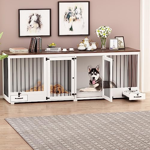 DAWNSPACES Furniture Style Large Dog Crate for 2 Dogs, 86.6" Heavy Duty Wooden Dog Kennel with Dog Bowl Drawers & Divider, Indoor Furniture Style Dog Kennel for Large Medium Dogs, White DAWNSPACES