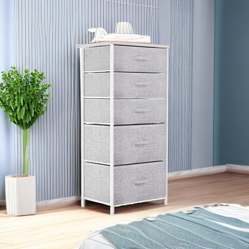 YITAHOME 5 Drawers Dresser, Vertical Fabric Storage Tower Organizer Unit for Living Room, Hallway - Sturdy Steel Frame, Wooden Top & Easy Pull Fabric Bins YITAHOME
