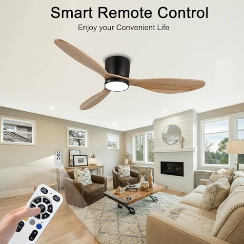 reiga 52" Natural Wood Ceiling Fan with Light and Remote, 3 Blade Flush Mount Low Profile Ceiling Fan for Bedrooom Living Room, Quiet DC Motor reiga