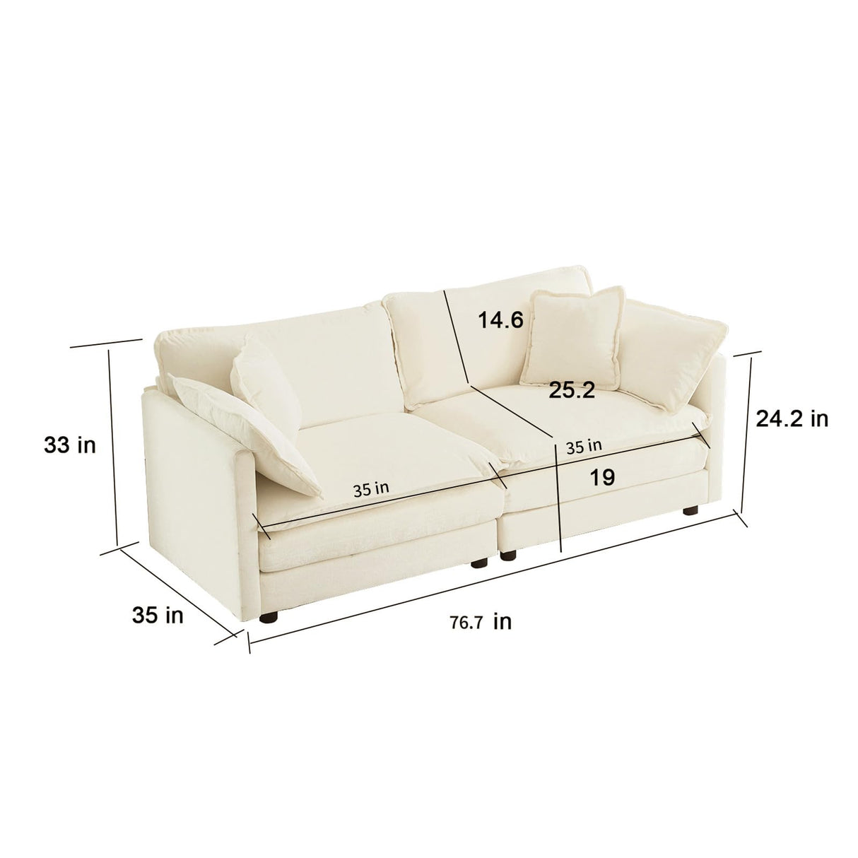 76.7” Oversized Beige White Loveseat Sofa, 2 Seater Large Sectional Couches for Living Room, Chenille Fabric Modular Sectional Sofa, Deep Seat Home Sofas Set, Love Seat Couches ZenNook