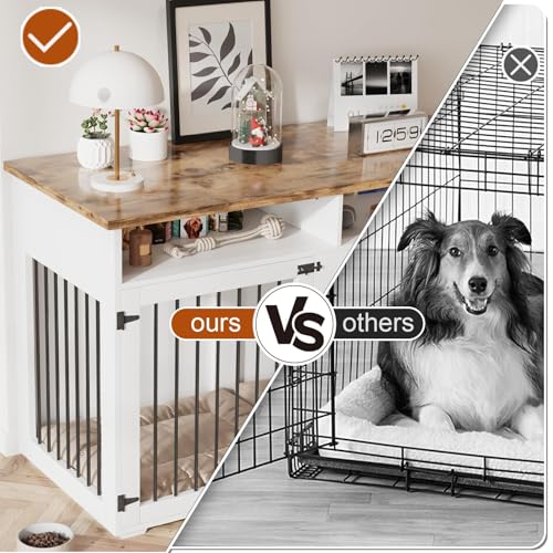 55'' Dog Crate Furniture for 2 Dogs, Wooden Dog Cage with Storage Compartment, Indoor Dog Kennel with 2 Doors for Large/Medium Dogs, White REVOMINCA