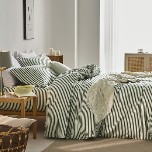 JELLYMONI 100% Natural Cotton 3pcs Striped Duvet Cover Sets,White Duvet Cover with Green Stripes Pattern Printed Comforter Cover,with Zipper Closure & Corner Ties(Full Size) JELLYMONI