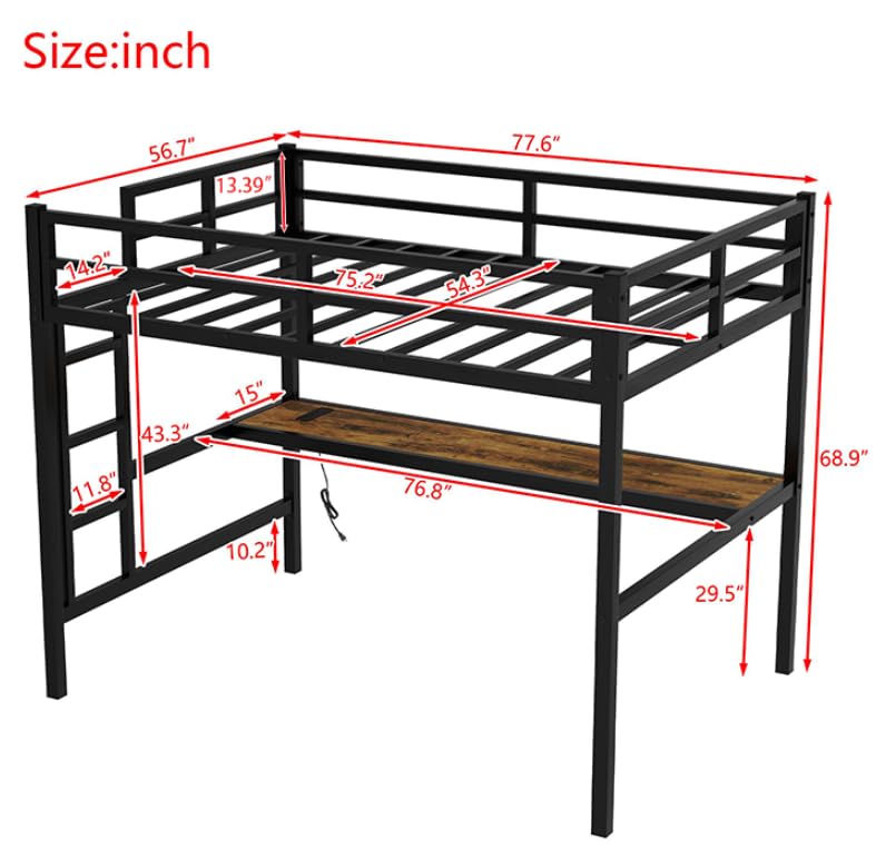 Anwick Full Size Metal Loft Bed with Desk, LED Lights, Charging Station, Safety Guard, and Ladder, Space-Saving and Noise-Free Design, No Box Spring Needed Anwick