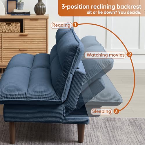 Portaforta 72" Convertible Futon Sofa Bed, Loveseat Sofa, Corduroy Folding Futon Set with Adjustable Backrest &Armrests, Recliner Lounge for Living Room, Apartment or Office, Solid Wood Frame, Blue Portaforta