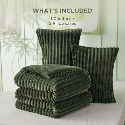 Bedsure King Comforter - GentleSoft™ 3 Pieces Double-Side Fleece Fluffy Olive Green Comforter Set, Cozy Striped Room Decor Aesthetic, Luxury King Size Bedding with 2 Pillowcases, 104x90 Inches Bedsure
