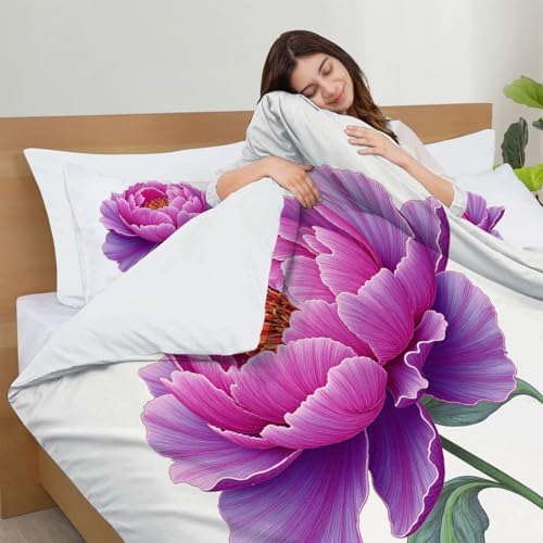 Minimalist Illustrations Duvet Cover Set, Single PeonFlower Printed Bedding with 1 Pillowcases, Twin Microfiber Bed Set for Kids Adults Bedroom Decor, Pinkish-Purple Generic