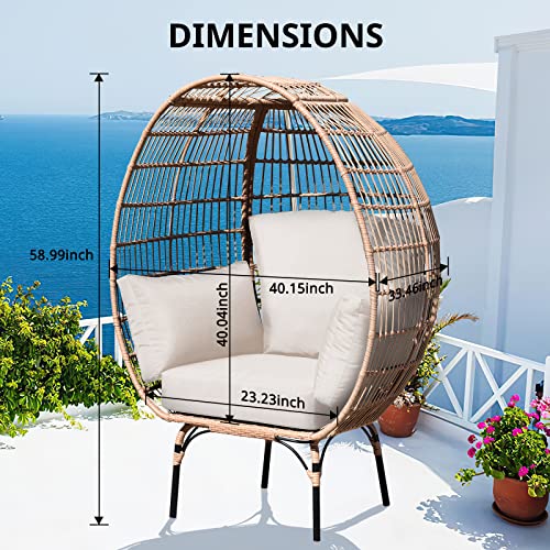 OTSUN Outdoor Egg Chair, PE Wicker Chair with 4 Thicken Cushions, Oversized Indoor Chairs with Durable Steel Frame Perfect for Balcony, Backyard, Bedroom, Patio Chairs 440 lbs Capacity-Ivory OTSUN
