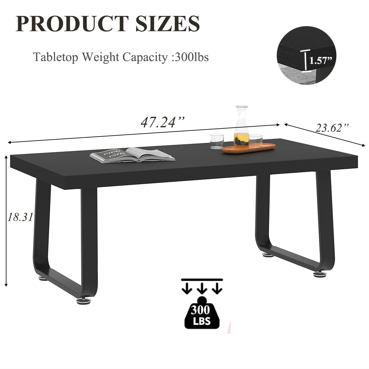 HSH Black Coffee Table, Industrial Wood and Metal Legs Center Table, Modern Minimalist Rectangle Cocktail Table for Living Room, Farmhouse Wooden Tea Table for Bedroom Home Office, Black Oak, 47 Inch HSH