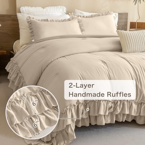 Masaca Ruffled Comforter Set Queen,3-Piece Farmhouse Shabby Boho Chic Bedding,Ultra Soft Linen Feel Textured Bed Comforter Set (1 Ruffle Comforter+2 Pillow Shams) Masaca
