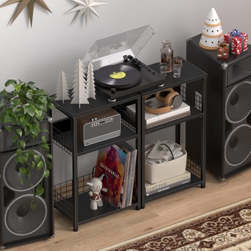 LELELINKY Side Table with Storage, Black Night Stand for Small Spaces, 3 Tier Industrial Wooden Record Player Holder with Vinyl Storage Shelf, End Tables Printer Stand for Bedroom LELELINKY