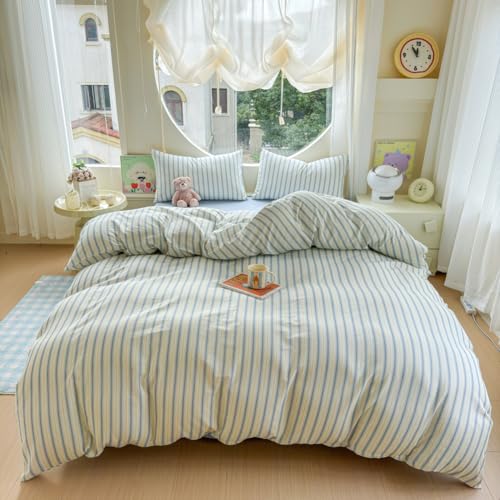 BlueBlue Stripe Duvet Cover Set Twin 100% Cotton Soft Lightweight Gauze Bedding Blue Line Stripes on White 1 Abstract Geometric Comforter Cover 2 Pillowcases (Twin) BlueBlue