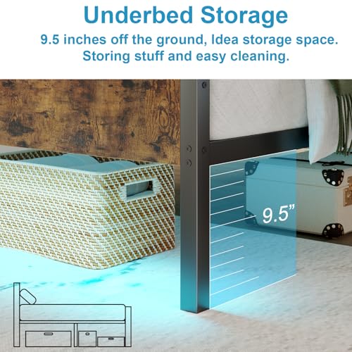 PUNICE Twin Size Bed Frame with Charging Station, LED Light Metal Bed Frame with Wooden Headboard, No Box Spring Required, No Noise, Easy Assembly, Rustic Brown PUNICE