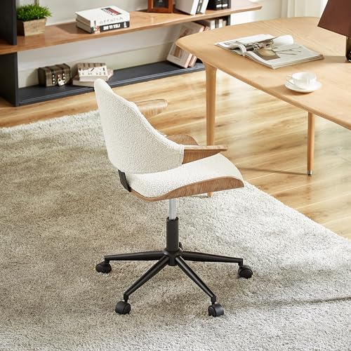 Art Leon Swivel Desk Chair, Mid Century Modern Office Chair with Wheels, Boucle Fabric Upholstered Arm Chair, Adjustable Height Task Chair with Metal Base, Washed Oak Bentwood, White Art Leon