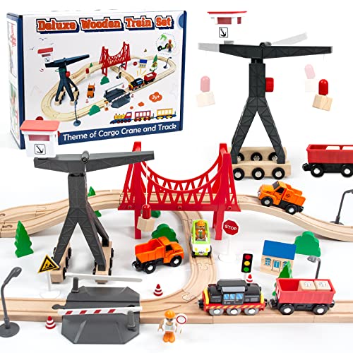 WOOD CITY Wooden Train Set, 56-Piece Deluxe Kids Toy Train Set for 2 3 4 5 Year Old Boy, Cargo-Themed Train Track with Tower Crane & Suspension WOOD CITY