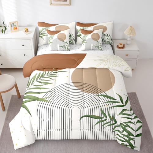 Erosebridal Boho Mid Century 7 Pcs Bedding Set Queen, Modern Bohemian Minimalist Comforter Set with Sheets, Abstract Geometric Bed in A Bag for Kids Adults, Retro Aesthetic Brown Circle Bed Sets Erosebridal