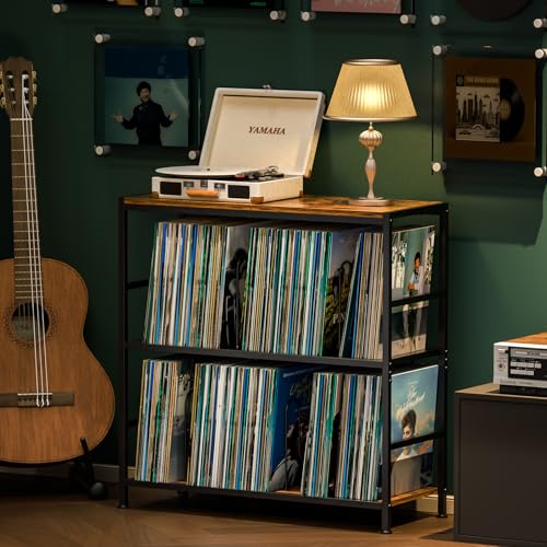 Sonyabecca Record Player Stand with 4 Adjustable Dividers, Vinyl Record Storage Up to 350 Albums, 3-Tier Vinyl Storage Holder with Open Wooden Desktop for Living Room, Bedroom Sonyabecca