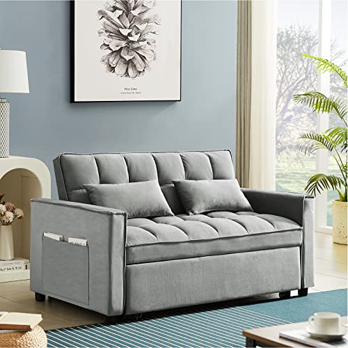 Antetek 3 in 1 Convertible Sleeper Sofa Bed, Modern Velvet Loveseat Futon Couch w/Pullout Bed, Small Love Seat Lounge Sofa w/Reclining Backrest, Toss Pillows, Pockets, Furniture for Living Room, Grey Antetek