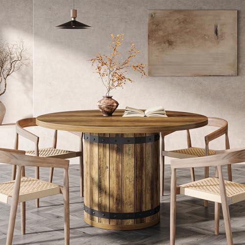 Tribesigns 39.37-Inch Round Conference Table, Farmhouse Meeting Room Table for 4, Seminar Boardroom Desk with Fence Pedestal Base for Office Conference Room (Rustic Brown, Chairs Not Included) Tribesigns