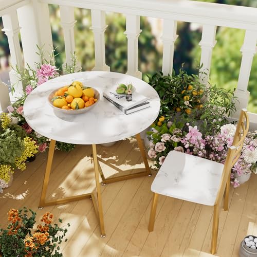 VECELO Small Round Dining Table Set for 2, Wood Tabletop with Strong Metal Frame, Modern Dinette with Chairs for Kitchen, Breakfast Nook Living Room, White & Gold VECELO