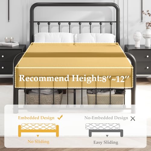 Fluest 14 Inch Full Bed Frame Classic Metal Platform Bed Frame with Charging Station & LED, Victorian Style Iron-Art Headboard/Footboard, Under Bed Storage, No Box Spring Needed, Noise Free Fluest