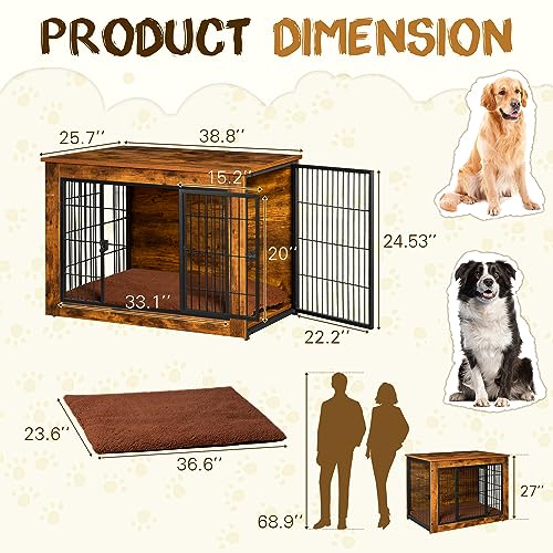 Bigrab Dog Crate Furniture with Thick Cushion, Side End Table Wooden Dog Cage with Double Doors, Chew-Resistant Dog Kennel Dog House Indoor for Small to Large Dog, L Bigrab