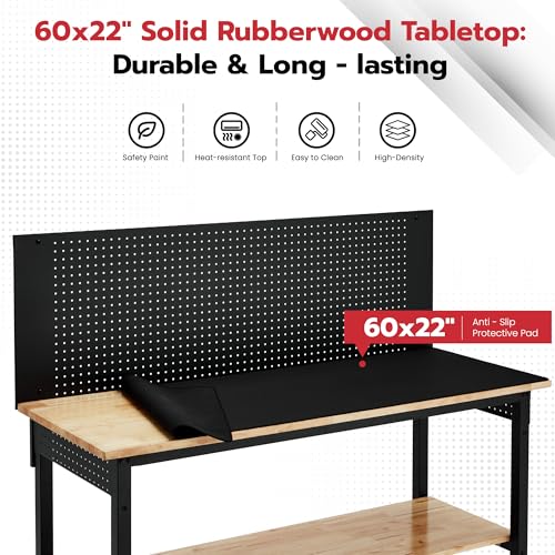 DNYKER 60" Adjustable Height Workbench, 3000 LBS Heavy Duty Work Table for Garage,Rubber Wood Workstation with USB Power Outlets/Wheels/Pegboard for Workshop, Office, Home DNYKER