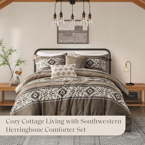Madison Park Queen Comforter Set, Stripes Herringbone Southwestern Boho Comforters Queen Size, All Season Lightweight & Fluffy Microfiber Bed Set, 2 Décor Pillows, Mariposa, Full/Queen Brown 5 Piece Madison Park