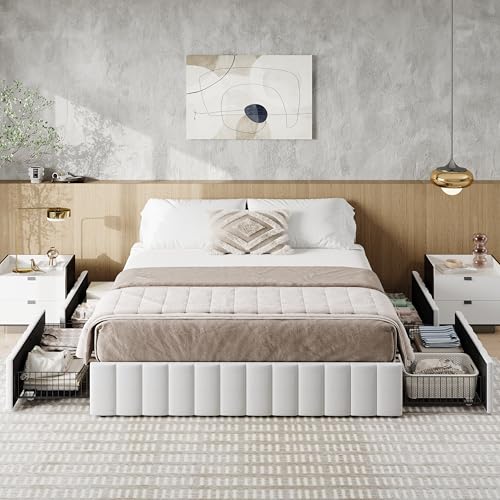Allewie Full Size Platform Bed Frame with 4 Large Storage Drawers, Velvet Vertical Channel Tufted Upholstered Bed Base, Wooden Slats Support, Noise-Free, No Box Spring Needed, Easy Assembly, White Allewie