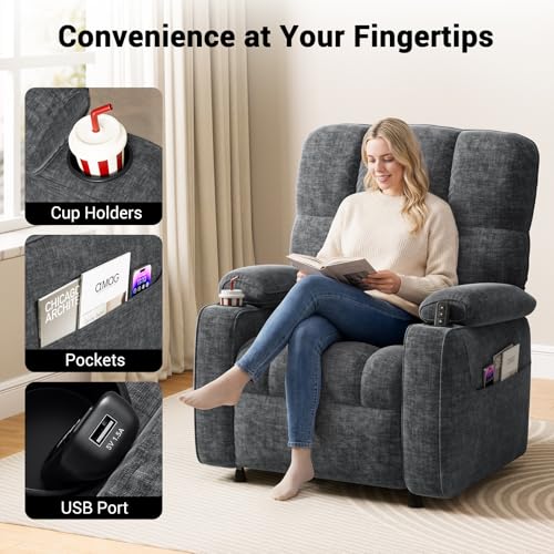 AMADA HOMEFURNISHING Power Recliner Chair for Adults, Infinite Adjustable Chenille Electric Recliner with Cup Holder, Remote, USB Port, Side Pockets & Thick Seat Cushion, for Living Room & Bedroom