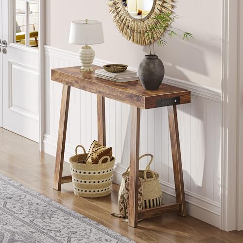 Huuger Entryway Console Table with Charging Station, USB-C Port, 39.4 Inch Sofa Table with Metal Legs, Entry Hallway Table with Thicker Desktop, Modern Behind Couch Table, Rustic Brown Huuger