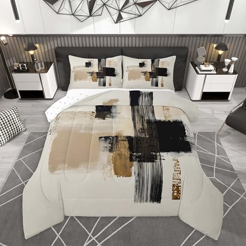 Feelyou Black Gold Comforter Set All Season Modern Minimalist Bedding Set with 2 Pillow Cases Geometric Line Microfiber Kids King Bedclothes Bedroom Decor Duvet Quilt Breathable Soft Lightweight Feelyou