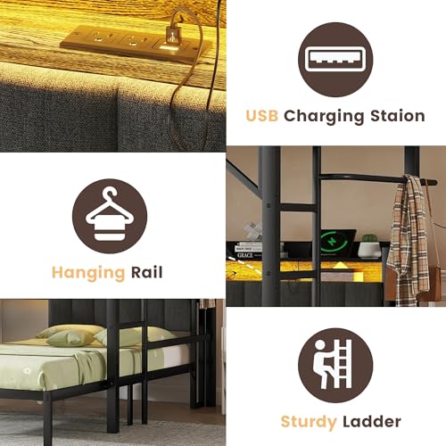 MoproBeti Bunk Bed with Desk,Upper Shelf & Storage Bookshelves,Metal L-Shaped Full Over Twin Bunk Beds with LED & Charge Station,Full Loft Bed w/Ladder,Safety Guardrail for Boys Girls,Black MoproBeti