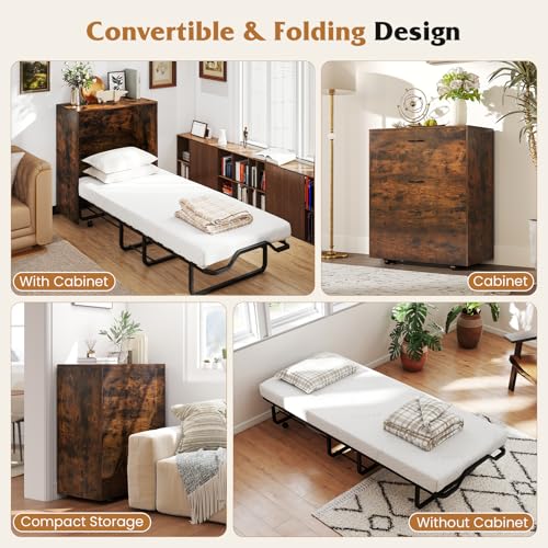 Giantex Murphy Bed Cabinet with Mattress Included, 74" x 31" Cot Size Fold Out Bed with Storage & Lockable Wheels, Metal Frame, 2 in 1 Roll Away Bed with Mattresses for Adults Guests Giantex