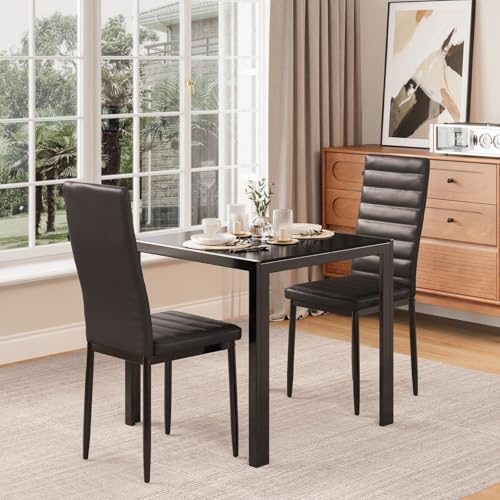 Gizoon 3 Piece Glass Dining Table Set, Kitchen and Chairs for 2, PU Leather Modern Room Sets for Home, Kitchen, Living Room Gizoon