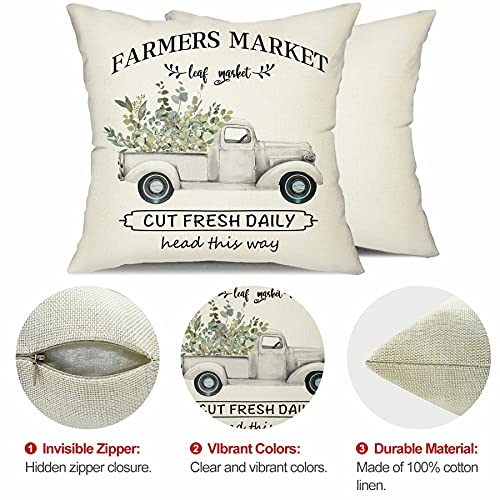 DFXSZ Farmhouse Pillow Covers 18x18 Set of 4,Eucalyptus Leaves Decorations Truck Vase Home Sweet Home Linen Cushion Case Gifts for Home Decor… DFXSZ