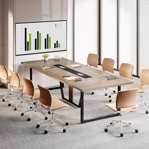 LITTLE TREE 8FT Conference Table for 10 People, Large Meeting Table, Modern Wooden Conference Room Table with Cable Management, Business Training Table with Strong Metal Legs for Office, Maple Color LITTLE TREE