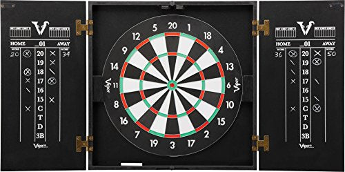 Viper Hideaway Cabinet & Steel-Tip Dartboard Ready-to-Play Bundle, Reversible Standard and Baseball Game Options with Two Sets of Steel-Tip Darts and Chalk Scoreboards, Black Matte Finish Viper
