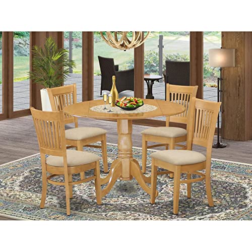 East West Furniture DLVA5-OAK-C 5 Piece Kitchen Table & Chairs Set Includes a Round Dining Room Table with Dropleaf and 4 Linen Fabric Upholstered Chairs, 42x42 Inch, Oak East West Furniture
