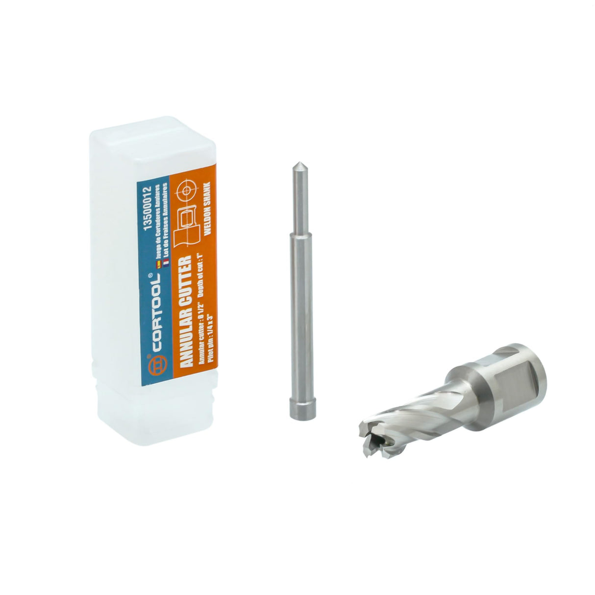 CORTOOL Annular Cutters 1/2 Cutting Diameter 3/4 Inch Weldon Shank Two-Flat, 1 Cutting Depth Inch HSS M2 Slugger Bits for Mag Drill Press with Pilot Pin Cortool