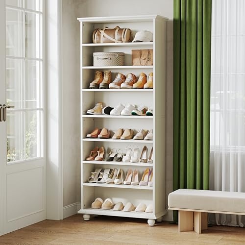 LITTLE TREE 69-Inch Tall Shoe Cabinet with LED Light Strip & Adjustable Shelves, White Wooden 8-Tier Shoes Display Cabinet for 26 Pairs, Freestanding Modern Shoe Cabinet for Entryway LITTLE TREE