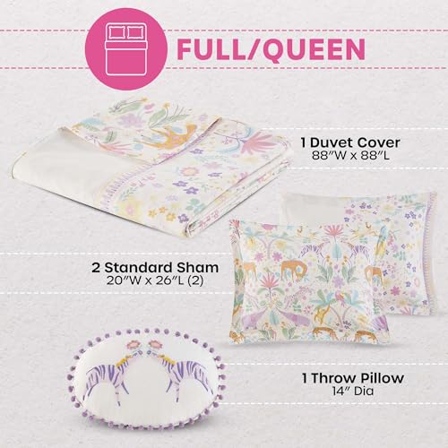 Intelligent Design Kids Cotton Queen Duvet Cover Set, Jungle Animals Fun Safari Adventures, Cotton Comforter Cover, All Sasons Bedding Reversible Duvet, Sham & Pillow, Lulu, Full/Queen Purple 4 Piece Intelligent Design