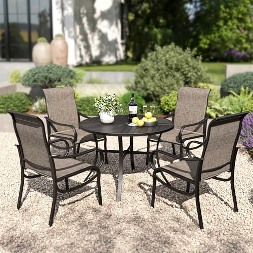 PHI VILLA Round Patio Dining Set for 4 Person, 42'' Round Metal Slat Table with Umbrella Holes and 4 High Back Fixed Chairs All Weather Outdoor Table and Chairs Set for Deck Garden Yard PHI VILLA