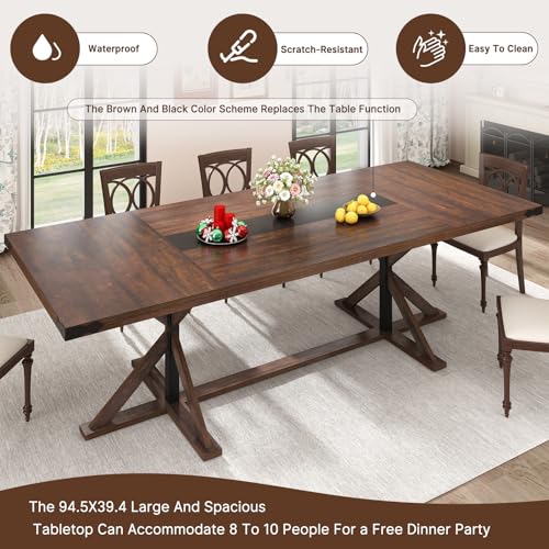 Hlivelood 94" Large Dining Table for 10 People, Rectangular Kitchen Farmhouse Table W/Thickness Waterproof Wood Tabletop,Long Dining Room Tables W/Wood Strip Base for Kitchen Living Room(238CM Brown) Hlivelood