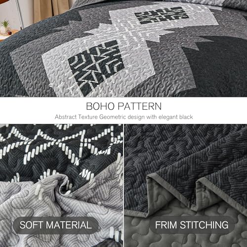 Dintszyayue Boho Quilt Set King Size 3 Pieces Black Grey Aztec Texture Bedspread Coverlet Set Bohemian Quilt Bedding Set Microfiber Lightweight Bed Cover for All Seasons 90"×103" Dintszyayue