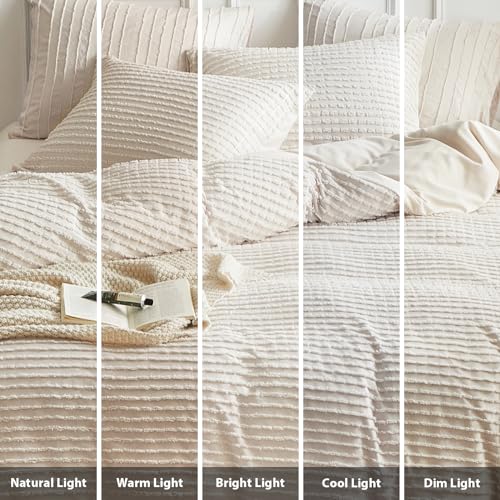 WARMDERN Boho Duvet Cover Set King Size,Khaki Striped Duvet Cover Microfiber Bedding Set,3PCS Ultra Soft Breathable Lightweight Tuft Texture Pattern Duvet Covers with Zipper Closure(Khaki,King) WARMDERN