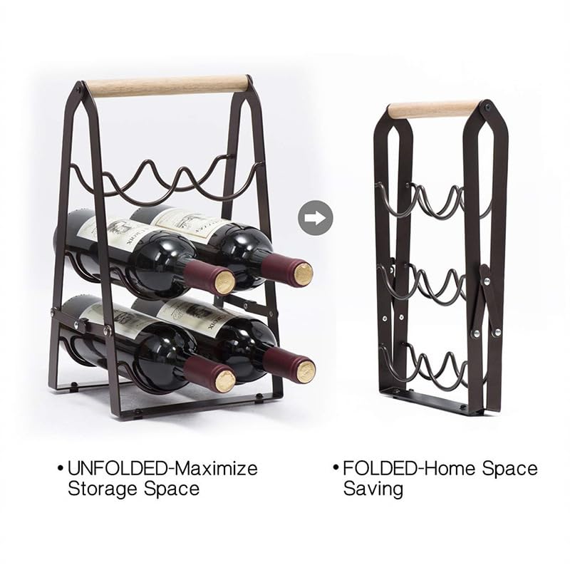HMKAIJUFUL Wine Rack, 6 Bottle Wooden Countertop Free Standing Shelf,3 Tier Bottle Holder Stand for Home Bar Tabletop, Cabinet Inserts, Kitchen, Wine Cellar Storage No Assembly(Black) HMKAIJUFUL