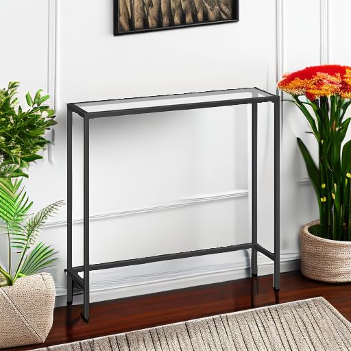 HOOBRO 29.5" Narrow Console Table, Tempered Glass Sofa Table, Small Side Table, Modern Entryway Table, for Entrance, Living Room, Foyer, Hallway Bedroom, Black BK07XG01 HOOBRO
