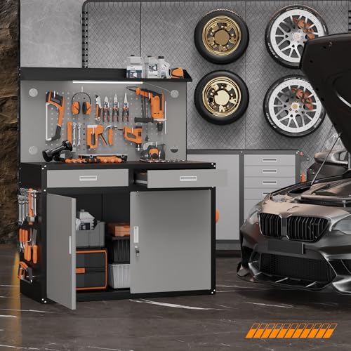 Rumetol 65" Heavy Duty Garage Workbench with Storage Drawers & Pegboard,2000lbs Capacity Metal Work Bench with Lockable Magnetic Cabinets,Adjustable LED Light for Workshop/Garage Rumetol
