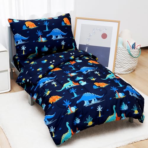david's kids 4 Piece Toddler Bedding Set - Soft Breathable Toddler Bedding Set for Boys Girls, Includes Quilted Comforter, Flat Sheet, Fitted Sheet and Pillowcase, Dinosaur Navy david's kids