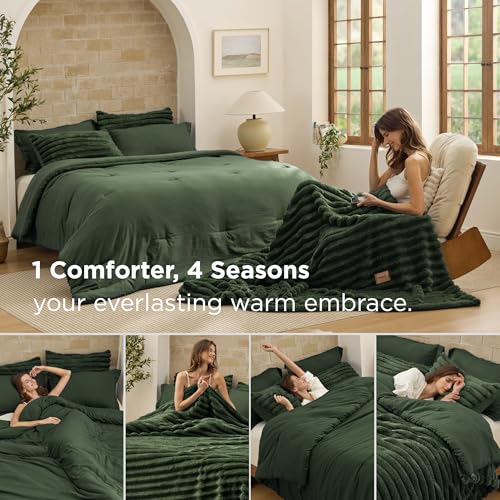 Bedsure Gentlesoft 2-in-1 King Size Comforter Set and Detachable Fluffy Blanket, Olive Green Bedding Set for All Season Use, SnapTech Design for Space Saving(Includes 2 Pillow Shams,2 Pillowcases) Bedsure